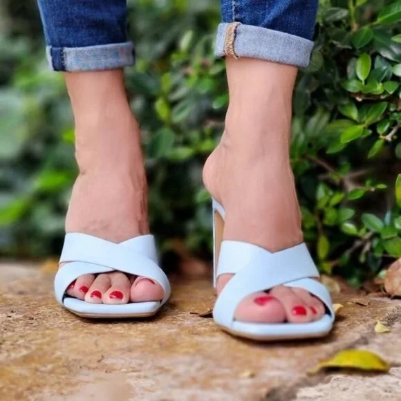 Blue Square Toe Bandage Sandals with Chunky Heel for Women - Picture 5 of 5